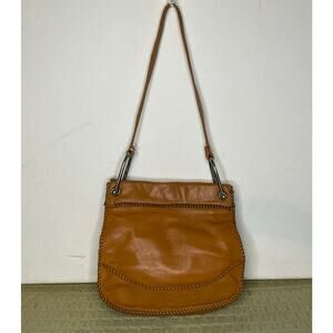 VTG Cognac Leather Shoulder Bag with Metal Frame & Whipstitch Detail 70s boho